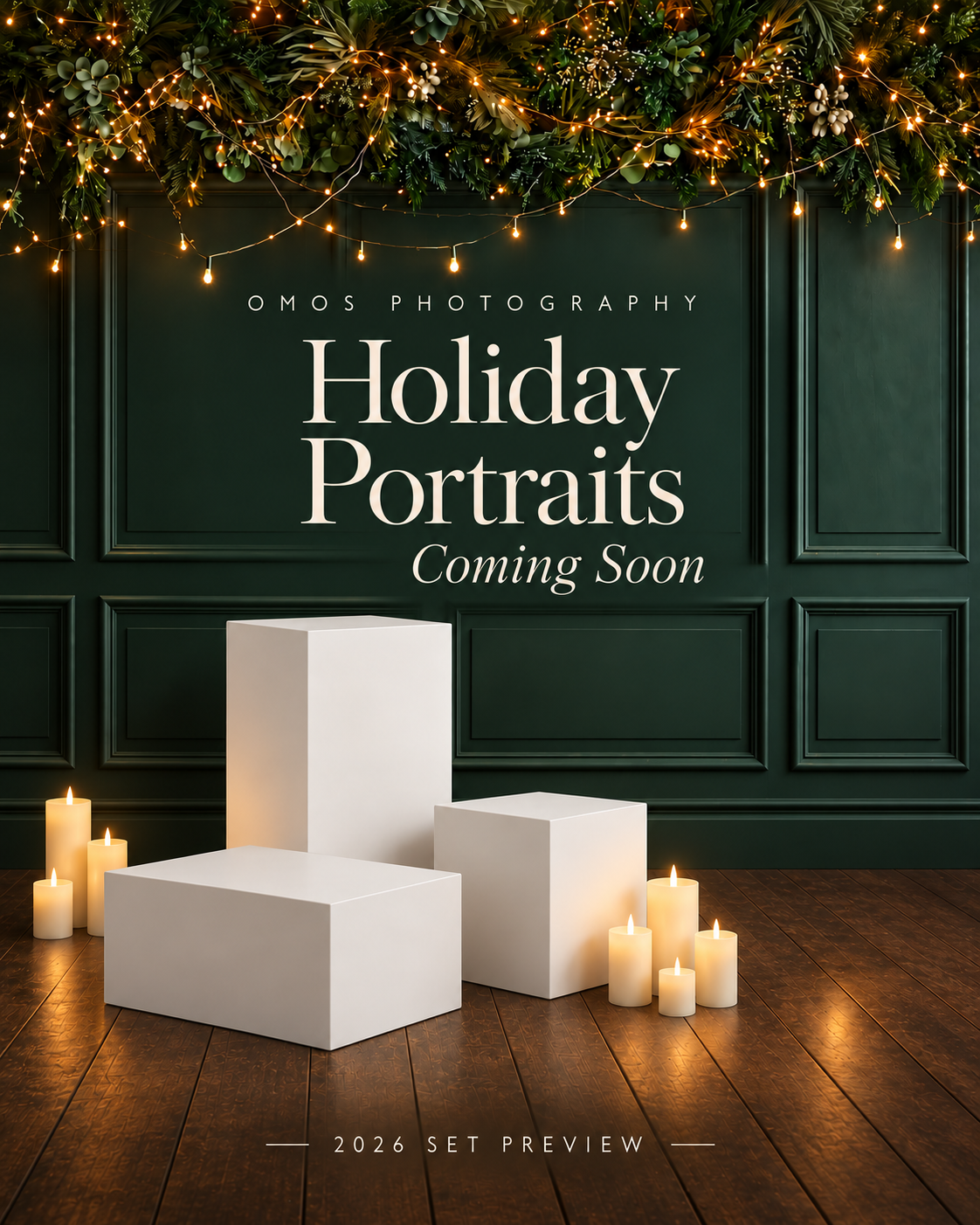 Holiday portrait set preview with a green paneled backdrop, white posing blocks, and warm candles